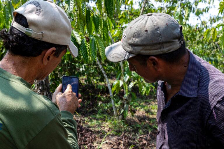 Alonso Jaramillo, coordinador territorial de Terramaz en la FDV y parte del Grupo Social FEPP, muestra a los finqueros la delimitación física del Parque Nacional Yasuní, en referencia al Registro Oficial. Foto: Armando Prado.