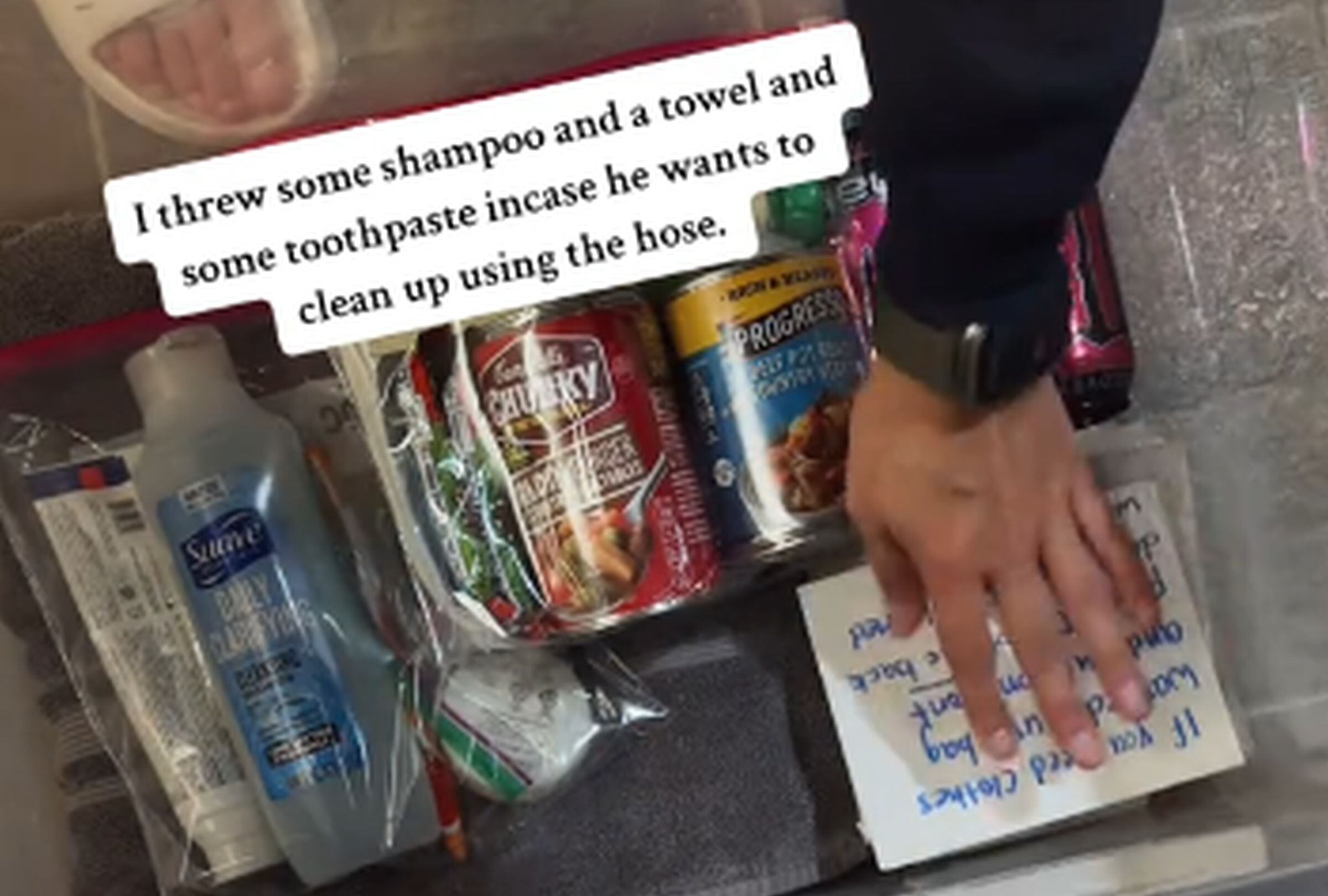 Esta imagen muestra algunas de las tantas cosas que la mujer le entregó al adolescente que descubrió viviendo en su patio. (Foto: @ellayyyyee / TikTok)