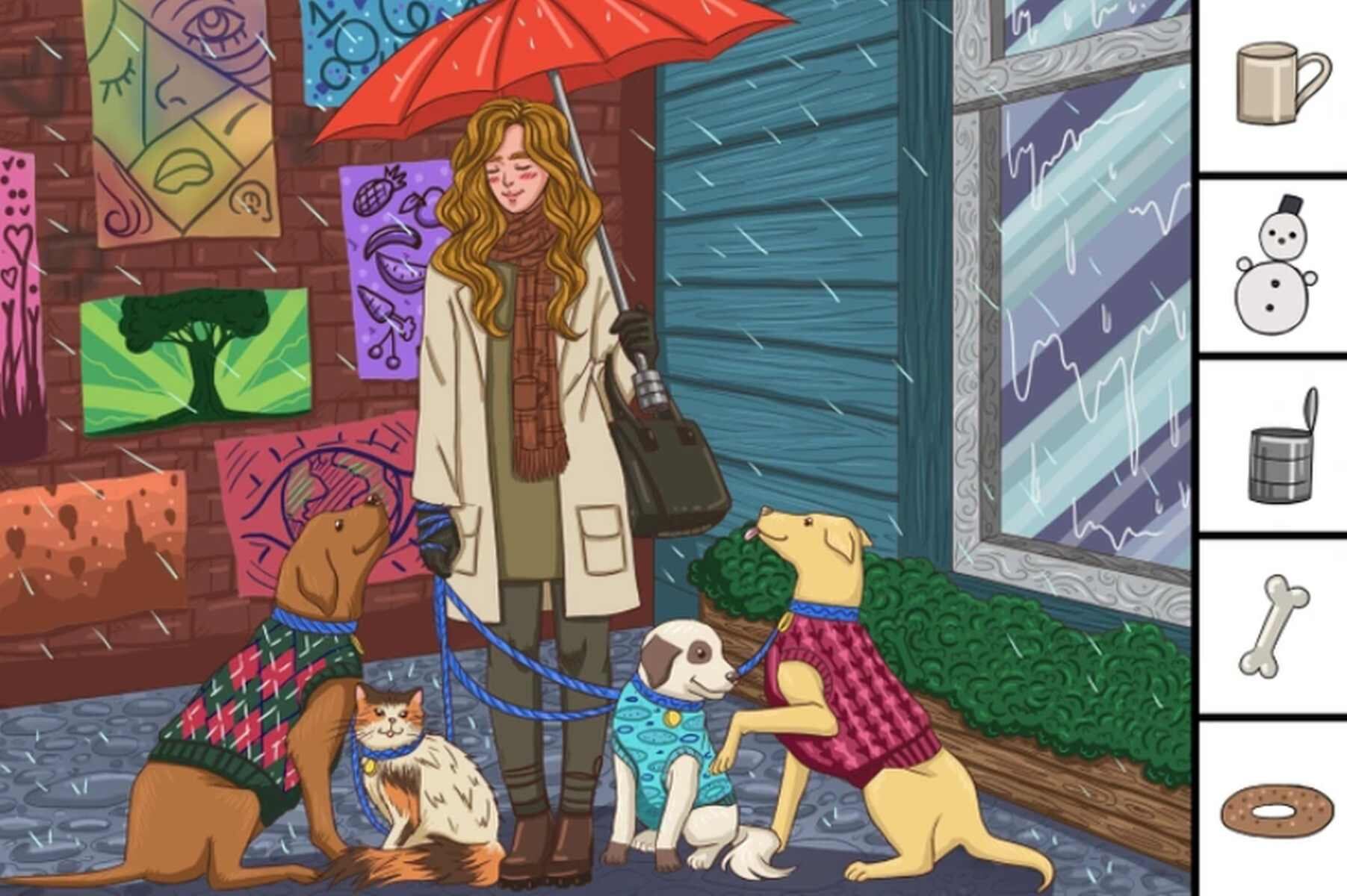 RETO VISUAL | Esta imagen te muestra a una mujer con tres perros y un gato. Todos están felices en un día lluvioso. (Foto: genial.guru)