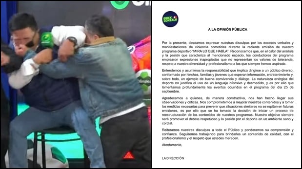 A la izquierda, un instante de la pelea en vivo. A la derecha, el comunicado de "Erick y Gonzalo".
