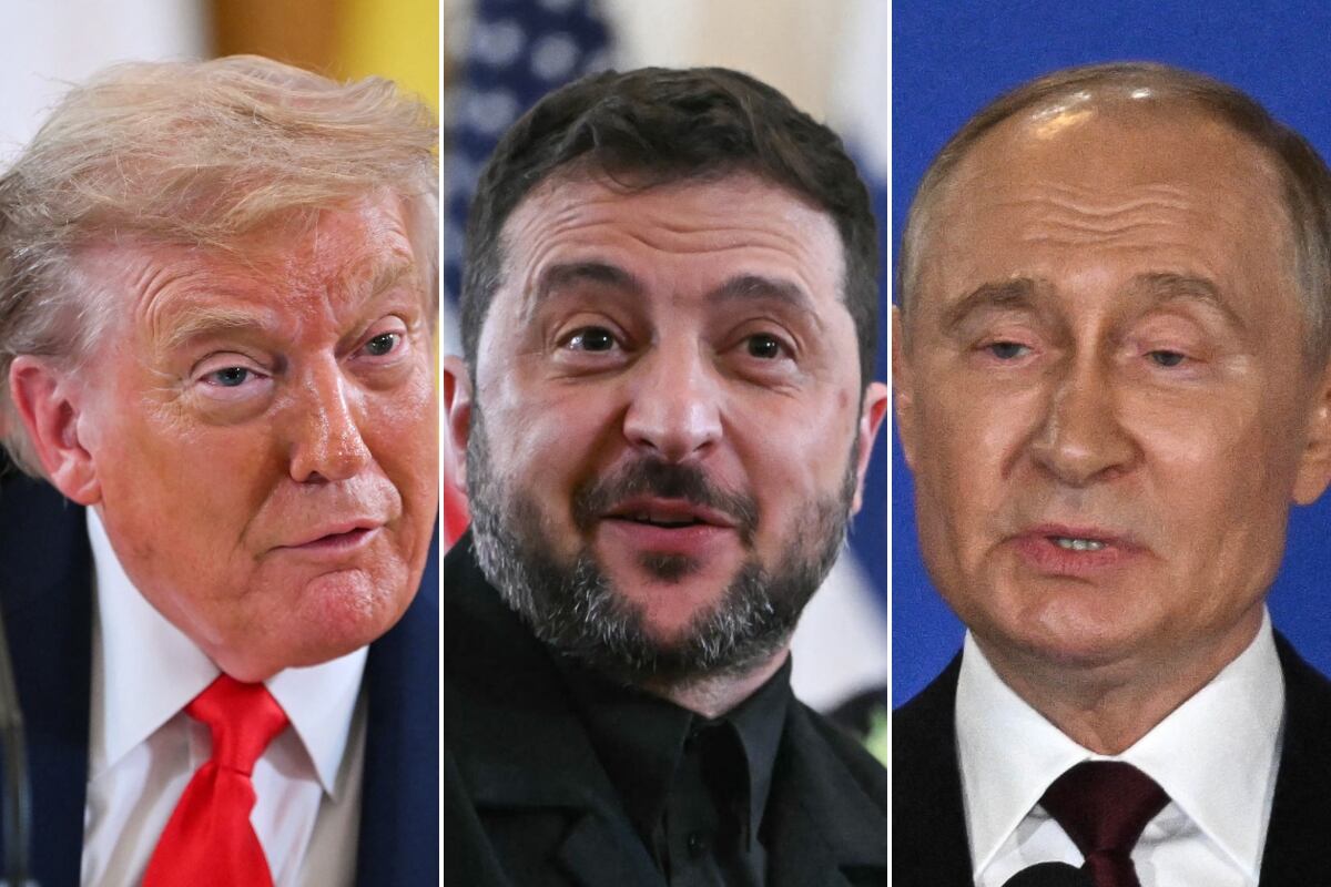 El presidente de Estados Unidos, Donald Trump; el mandatario de Ucrania, Volodymyr Zelensky; y el presidente ruso, Vladimir Putin. (Fotos de Andrew CABALLERO-REYNOLDS / Drew ANGERER / AFP)