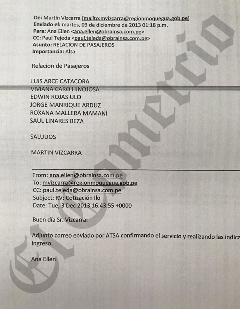 Correo de coordinación entre Martín Vizcarra y Obrainsa para la avioneta