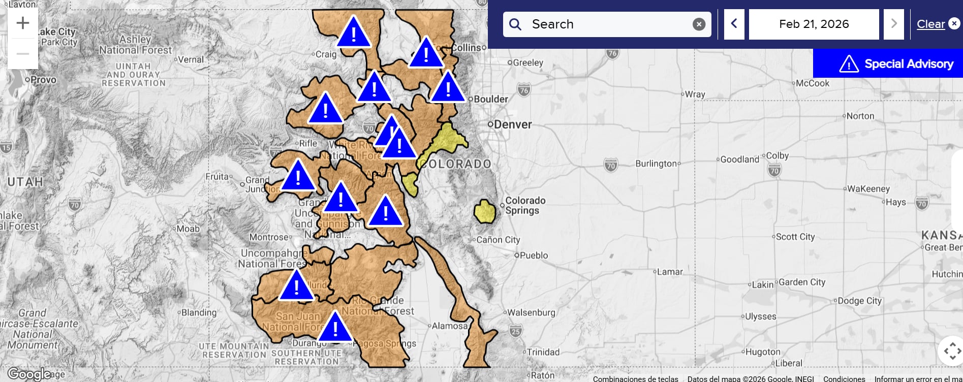 Un mapa del Colorado Avalanche Information Center muestra un peligro considerable de avalanchas en las montañas de Colorado hasta el 22 de febrero de 2026. | Crédito: Colorado Avalanche Information Center - CAIC
