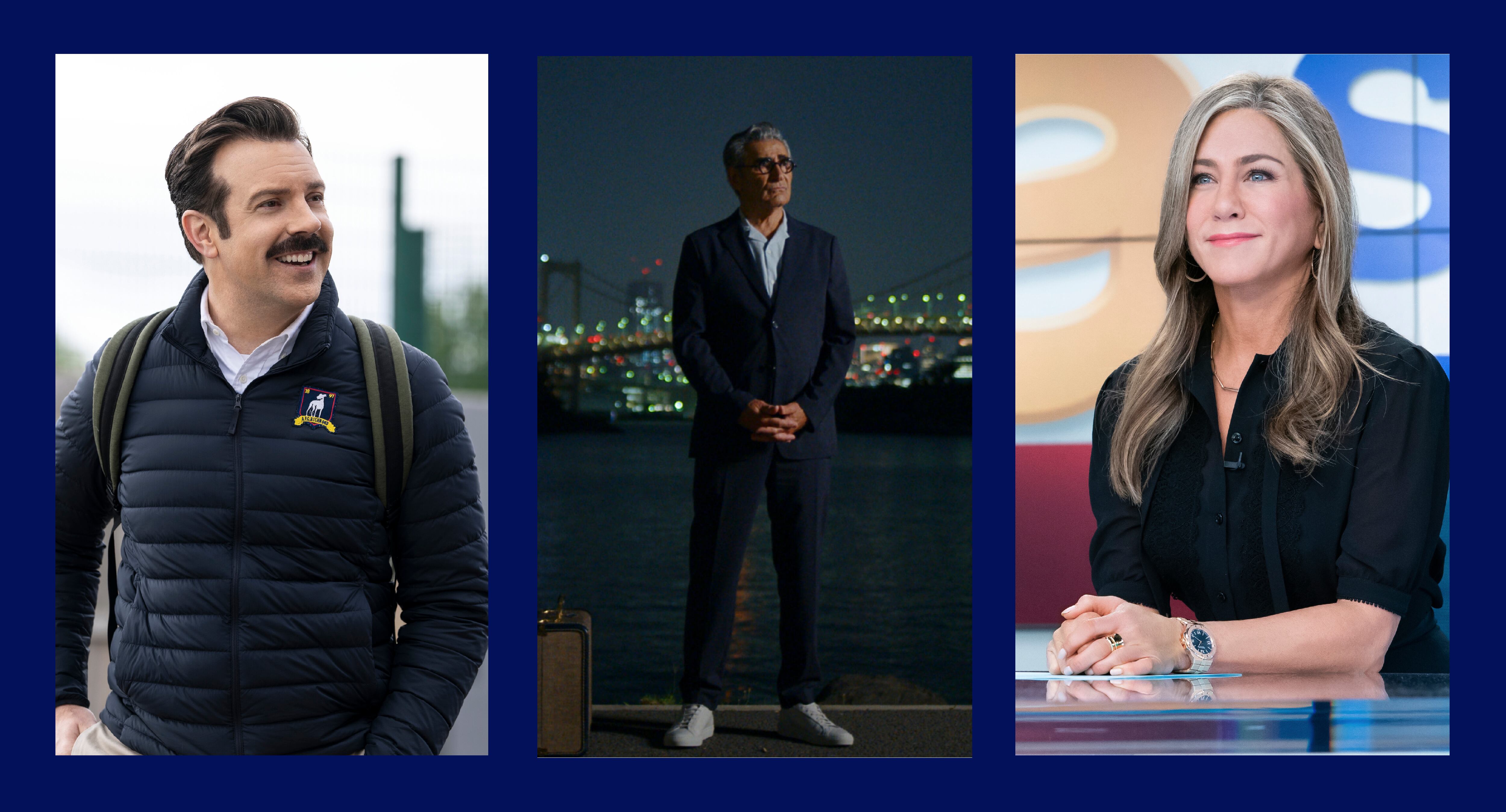 Jason Sudeikis de "Ted Lasso", Eugene Levy de "The Reluctant Traveler" y Jennifer Aniston de "The Morning Show". Series de Apple TV+.