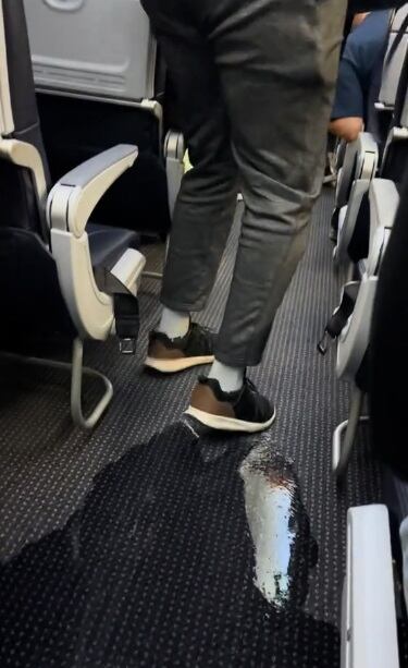 Los pasajeros hicieron lo posible por alejarse del agua proveniente de la parte trasera del avión. (Foto: @4blaz / TikTok)