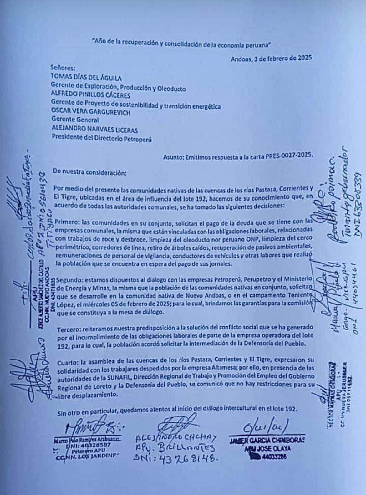 Solicitud que los apus y comunidades del lote 192 dirigen a Petro-Perú, exigiendo el pago de la deuda contraída por Altamesa. La estatal ha transferido S/5 millones a las comunidades de un total de S/16 millones que estas exigen.