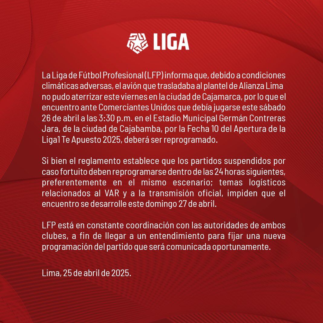Este es el comunicado que emitió la Liga 1 sobre la suspensión del partido entre Alianza Lima y Comerciantes Unidos.