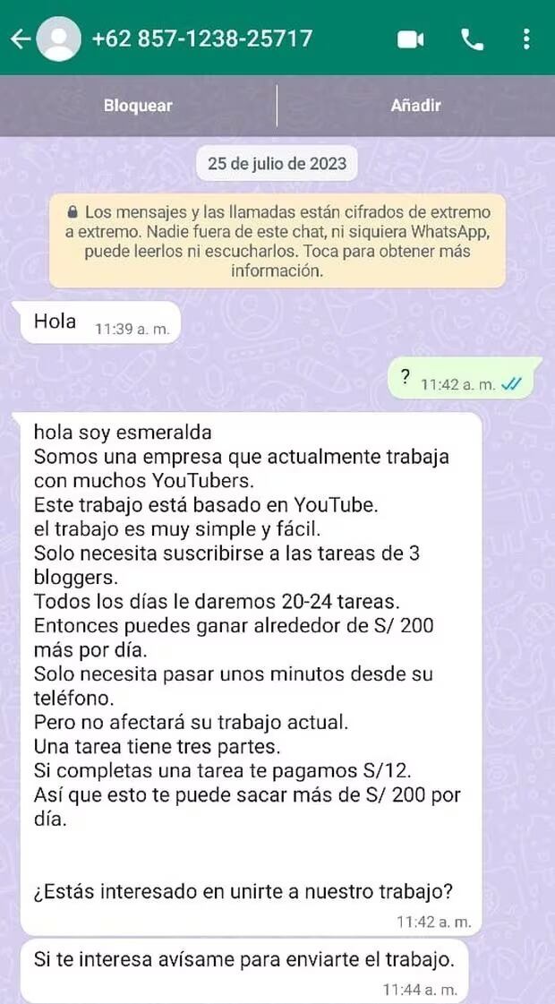 Estos son los mensajes que reciben las víctimas para iniciar las tareas.