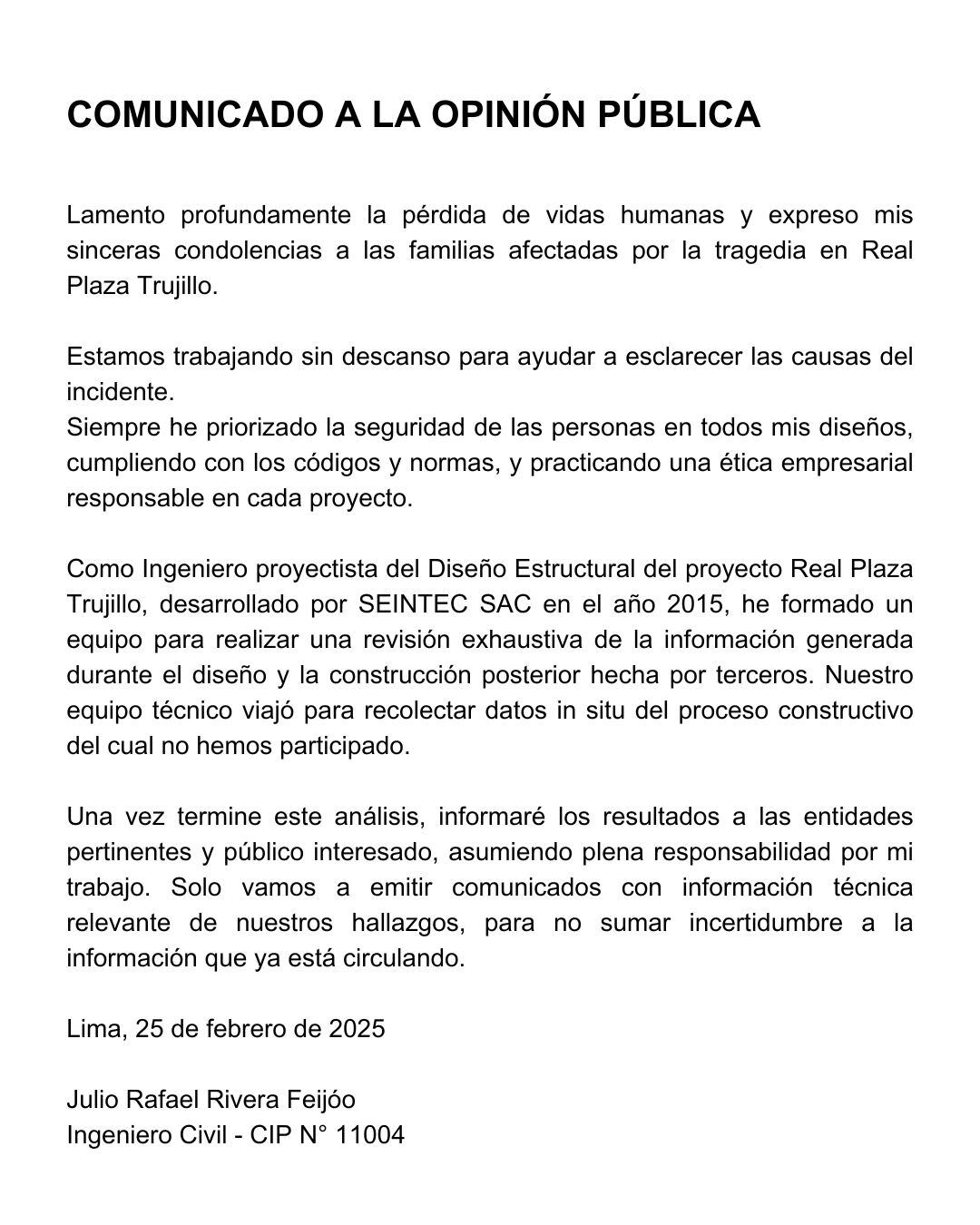Comunicado de Julio Rafael Rivera Feijóo por tragedia en Real Plaza Trujillo. Foto: LinkedIn