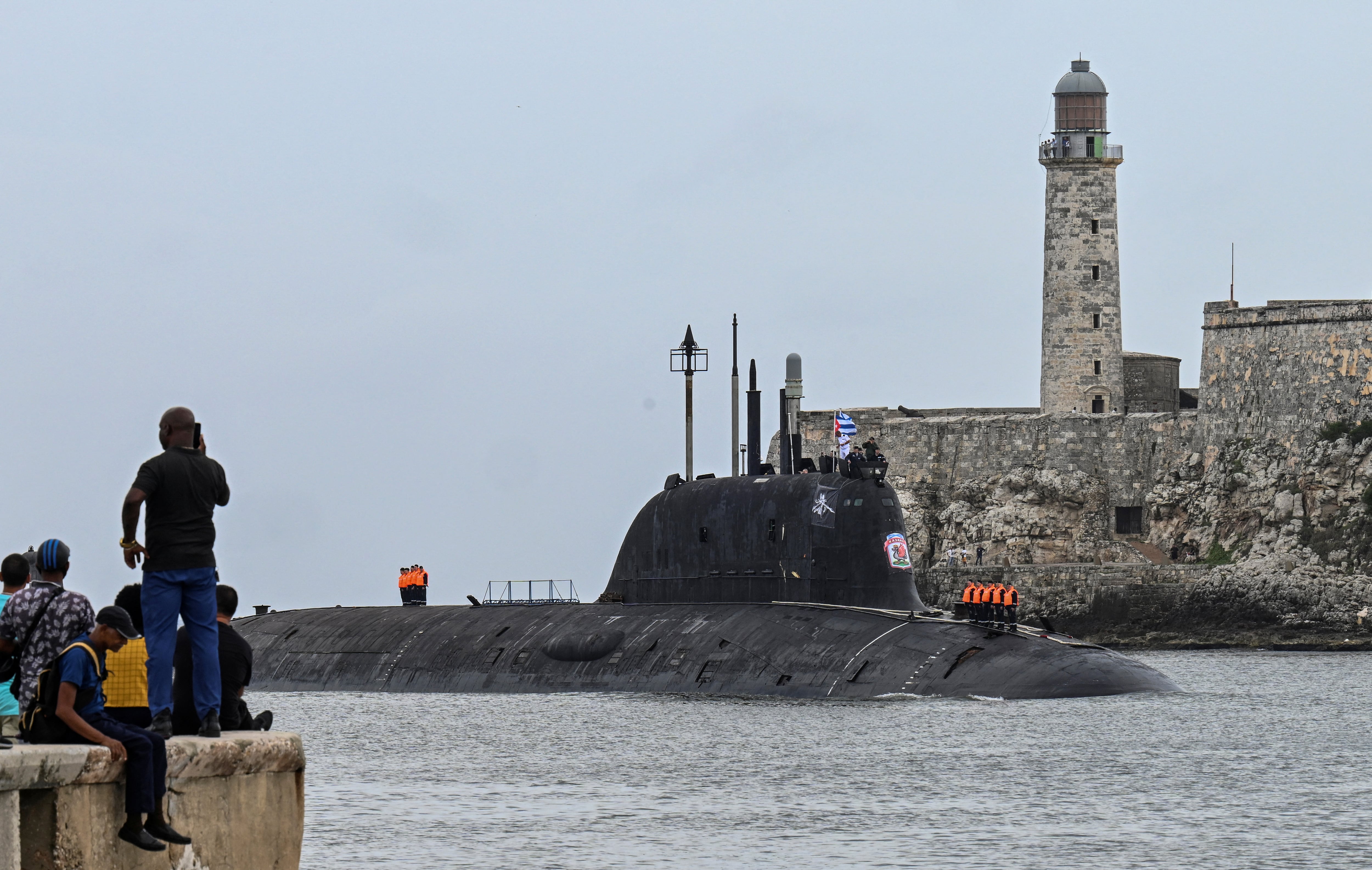 The Russian nuclear submarine Kazan arrives at the port of Havana on June 12, 2024. (Photo by YAMIL LAGE/AFP).