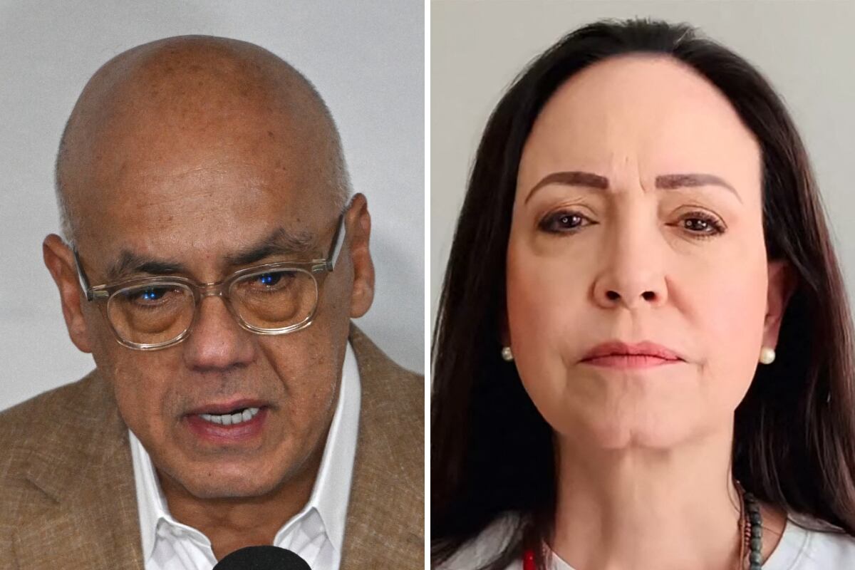 El presidente de la Asamblea Nacional de Venezuela, Jorge Rodríguez; y la líder opositora y Nobel de la Paz 2025, María Corina Machado. (Federico PARRA / Captura de video / AFP)