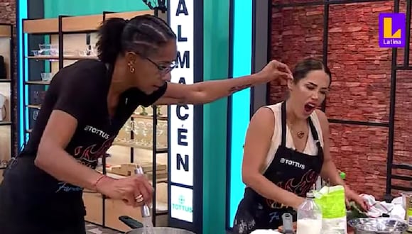 Leyla Chihuán le da un jalón de orejas a Karina Borrero en plena competencia de "El Gran Chef Famosos". (Foto: Captura de video)