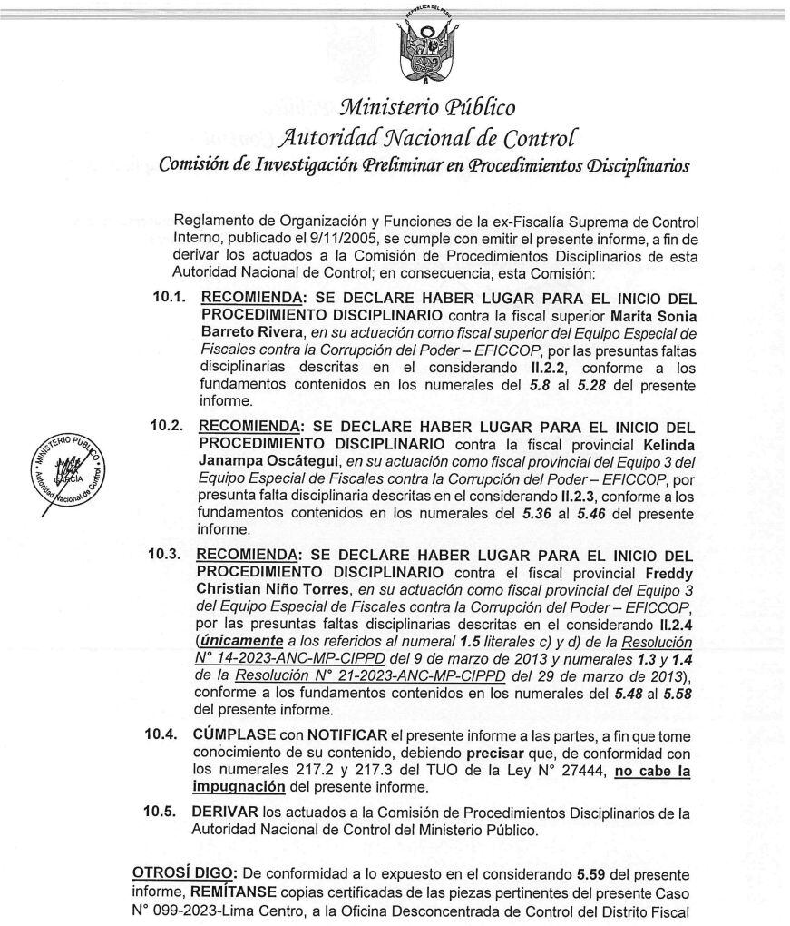 Marita Barreto debería ser investigada, según informe de la ANC.