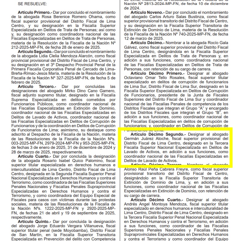 Fiscalía reorganiza nombra a Germán Juárez Atoche al frente de Lavado de Activos.