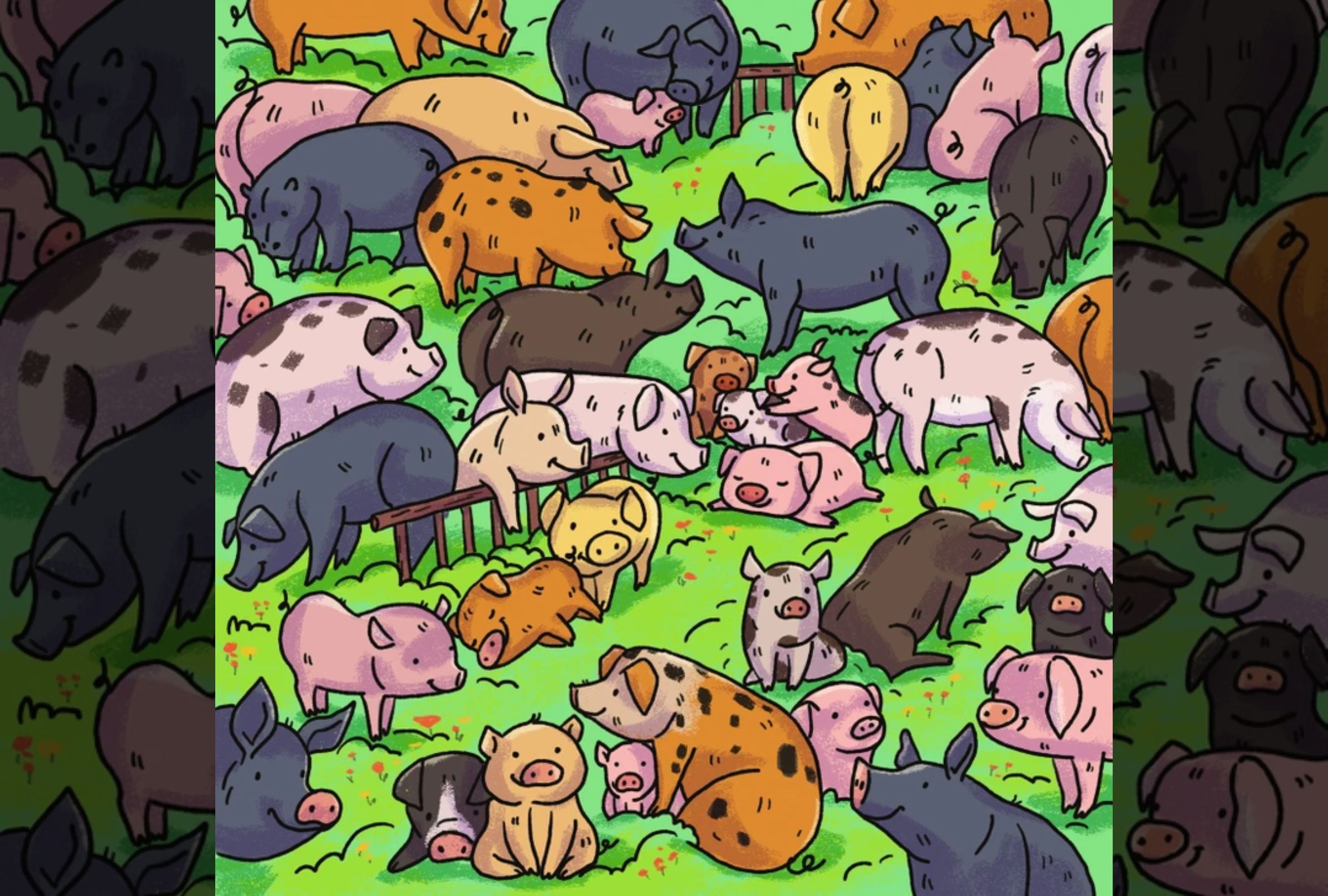 Reto visual: Pese a la distracción que generan los cerdos, podrás detectar a este animal si te fijas correctamente. (Crédito: Genial Guru)