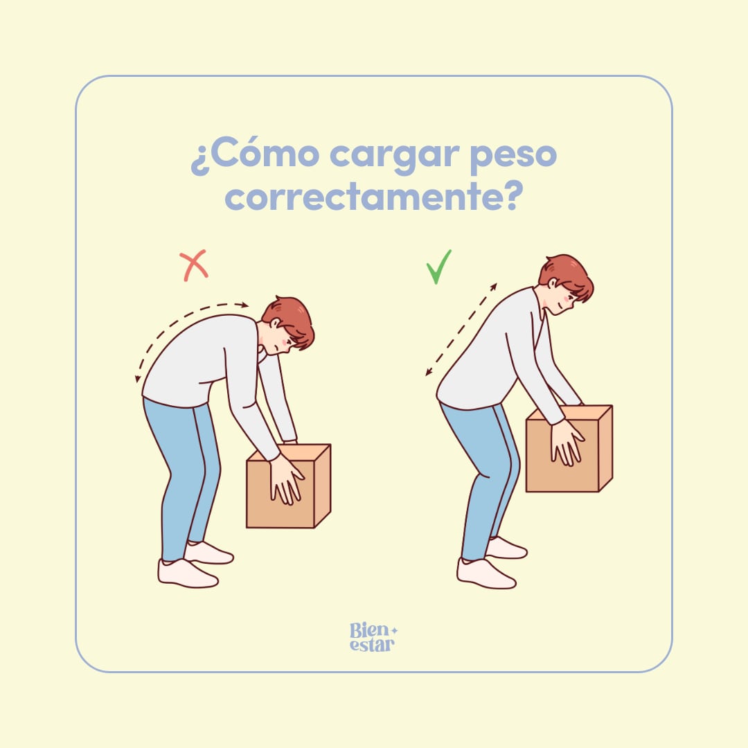 Recuerda que al levantar peso, siempre debes apoyarte en las piernas y mantener la espalda recta para evitar lesiones.