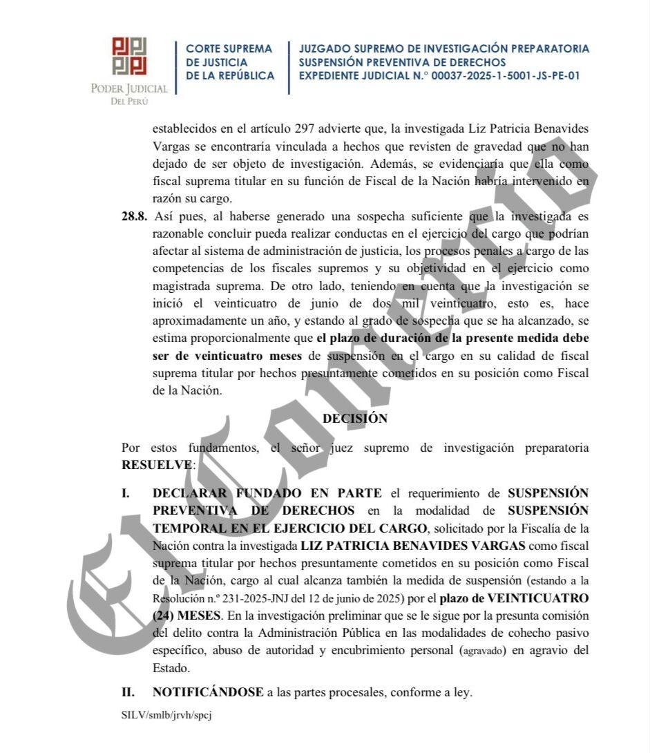 Patricia Benavides suspendida del cargo de fiscal suprema por 24 meses.