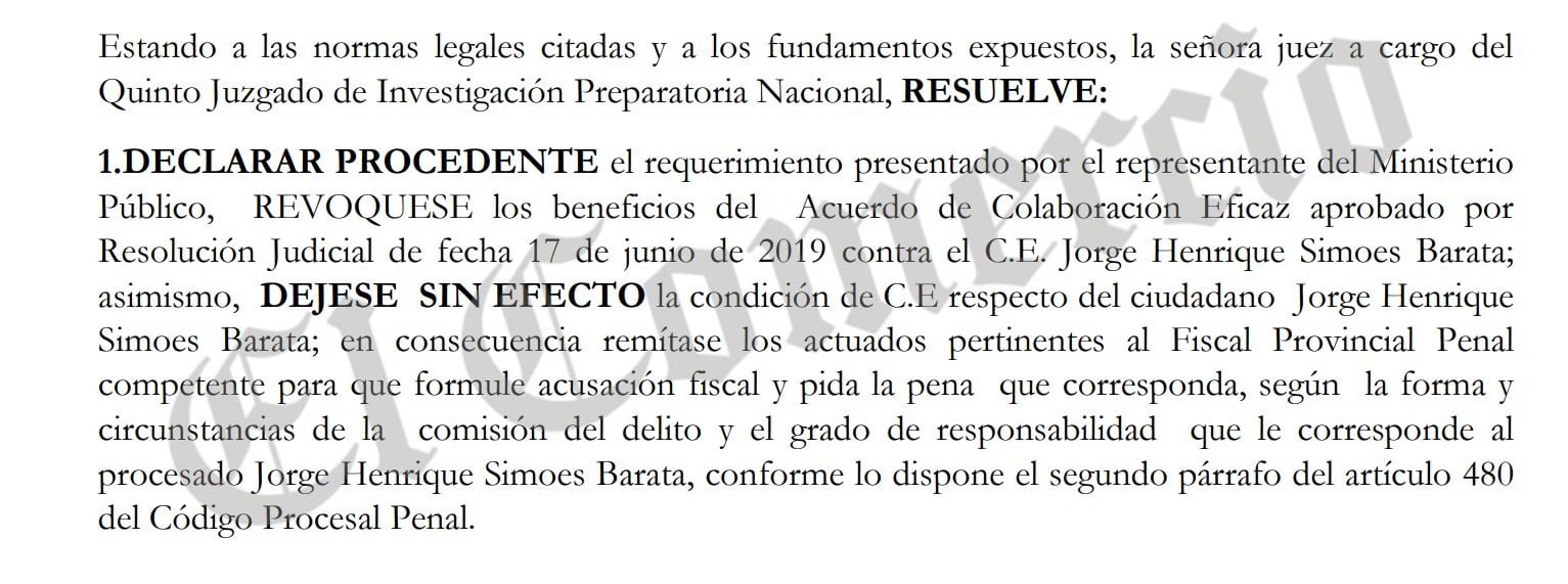 Decisión judicial sobre la revocatoria del beneficio a Jorge Barata