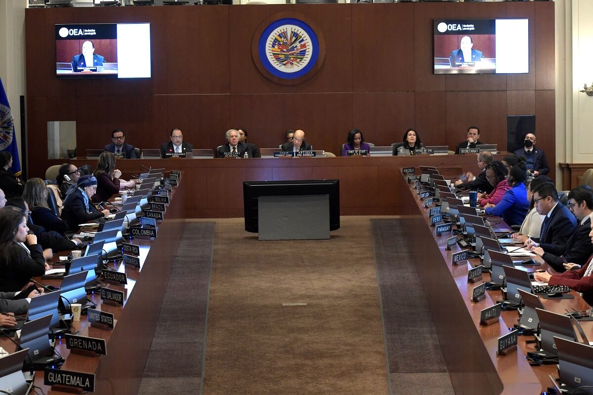 Los miembros de la Organización de los Estados Americanos (OEA) durante una sesión extraordinaria del Consejo Permanente en la sede del organismo en Washington, EE.UU. (Foto de Lenin Nolly / EFE)