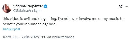 La artista calificó el material como “malvado y repugnante”. (Foto: @SabrinaAnnLynn / X)