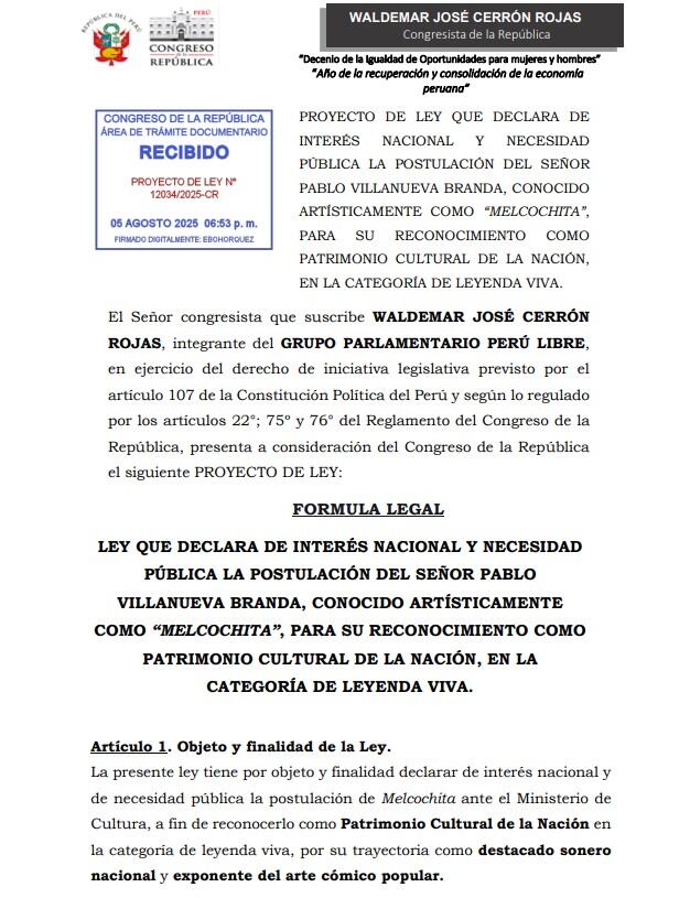 El Congreso busca reconocer el valor cultural de su obra como parte del patrimonio inmaterial del país. (Foto: Proyecto de ley N° 12034/2025-CR)