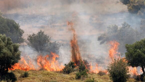 Los incendios queman la vegetación después de que cohetes lanzados desde el sur del Líbano aterrizaran en las afueras de Safed, en la alta Galilea de Israel, el 12 de junio de 2024. (Foto de Jalaa MAREY / AFP)