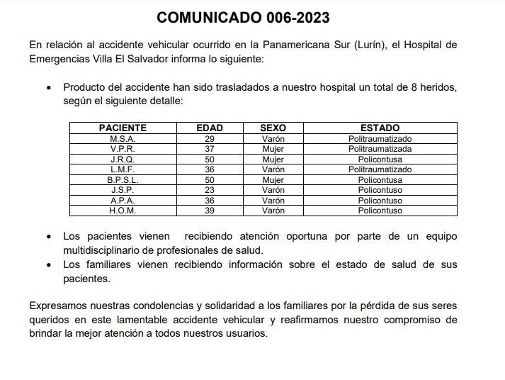 Comunicado del Hospital de Emergencias de Villa El Salvador