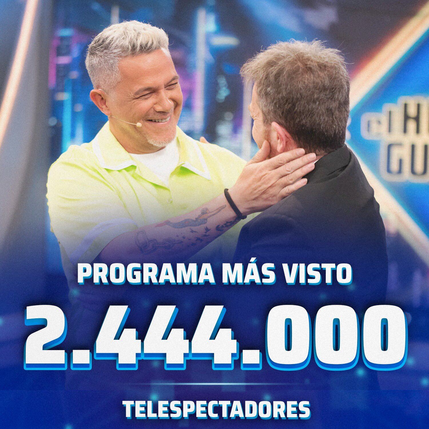 La entrevista de Pablo Motos y Alejandro Sanz fue el programa más visto en la televisión española en su horario (Foto: El hormiguero / Instagram)