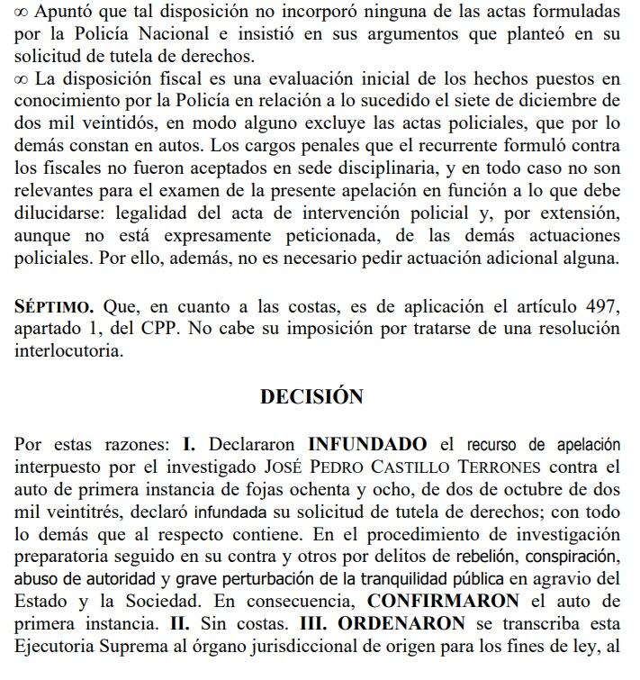 Resolución de la Corte Suprema sobre Pedro Castillo. (Foto: Poder Judicial)