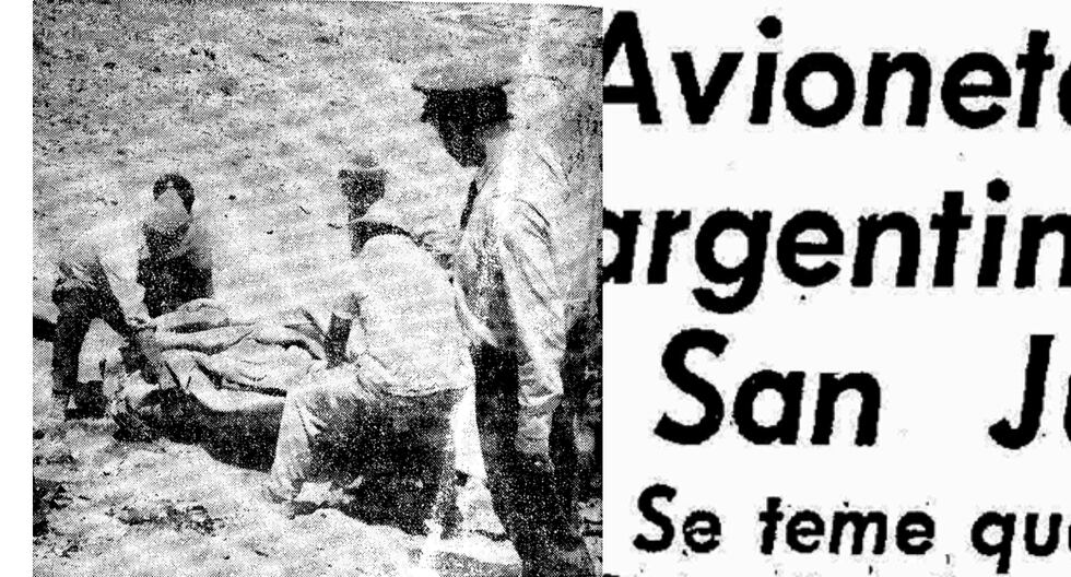 Arequipa, 10 de noviembre de 1963. La primera radiofoto nacional que registró el momento penoso del levantamiento de los restos del piloto argentino Carlos Ball, cuya avioneta que alzó vuelo en Lima cayó en la costa de Arequipa. (Foto: GEC Archivo Histórico)