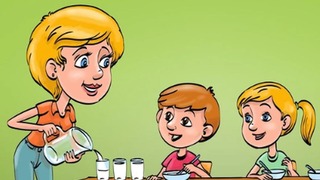 Identifica el error en la imagen de una mamá sirviéndoles leche a sus hijos
