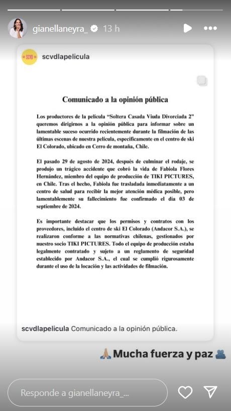 Gianella Neyra y su emotivo mensaje tras la muerte de trabajadora de producción de “SCVD 2”. (Foto: Captura de IG)