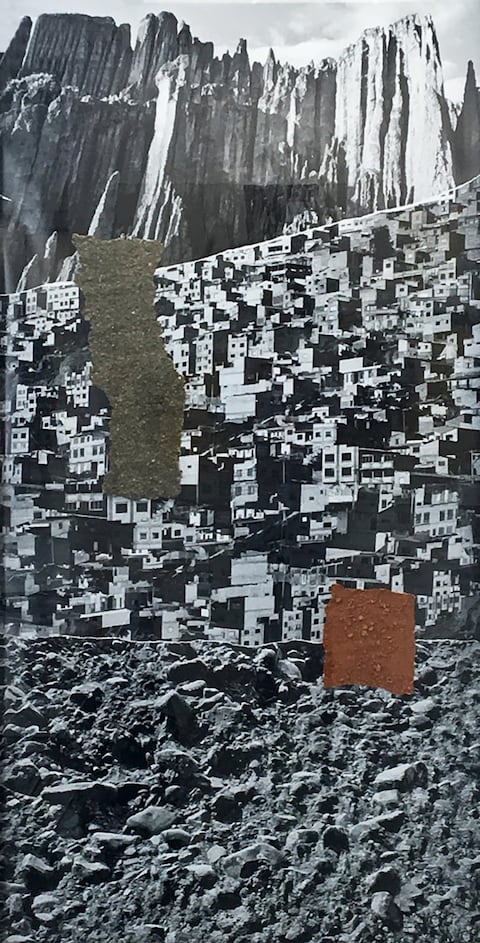Gastón Ugalde, La paz que en este día. Técnica mixta – collage, 2017, 200 × 100 cm.