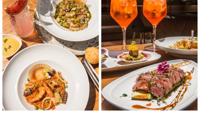 Dos clases de arroces, ideales para cualquier temporada: atrás, amelcochado norteño con pato, con pechuga cocinada sous vide; adelante, arroz con mariscos con base de reducción de corales, coronado con langostinos, conchas, pulpo y calamares.