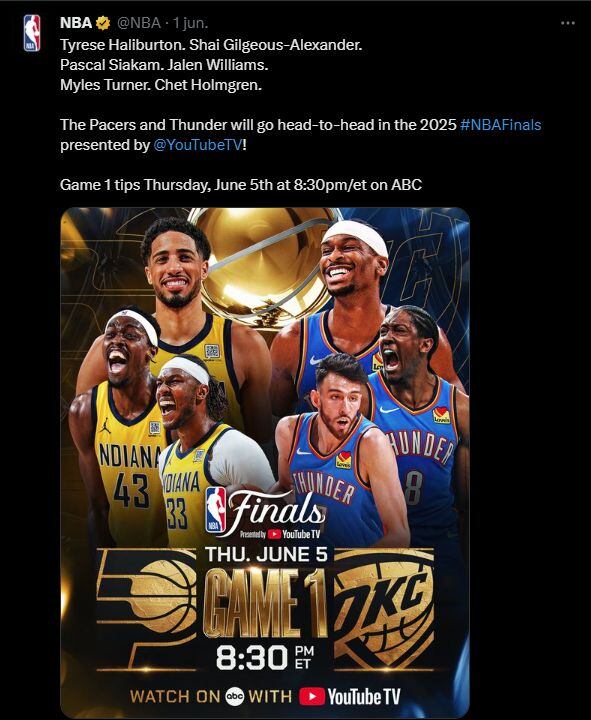 Thunder y Pacers se ven las caras este jueves 5 de junio por el Juego 1 de las finales de la NBA 2024-25. (Foto: NBA en 'X')