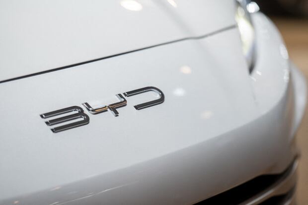 This photograph shows the logo of Chinese car brand BYD Auto on a car during the press preview ahead of the 101st edition of the Brussels Motor Show, at Brussels Expo, on January 10, 2025. (Photo by JONAS ROOSENS / Belga / AFP) / Belgium OUT