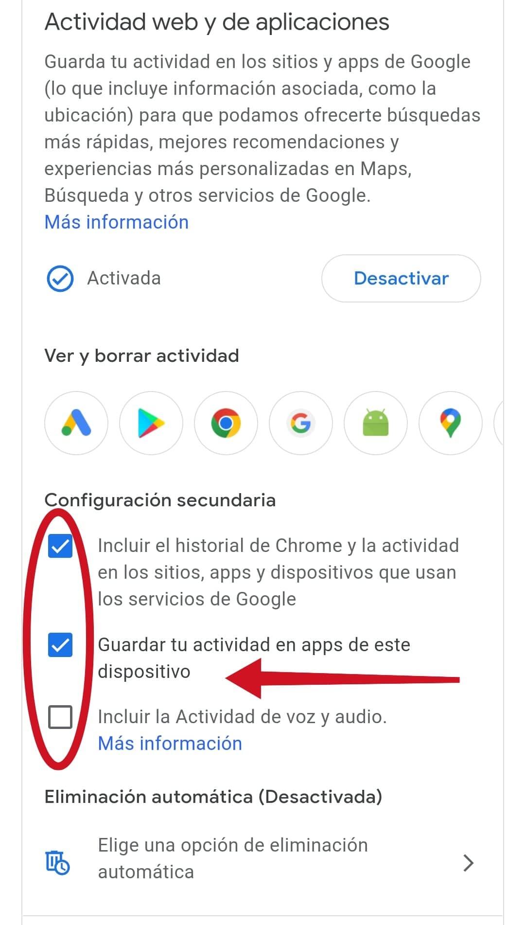 Estas tres casillas deben estar desactivadas, para que Google no siga recopilando tu información. Foto: Mag El Comercio