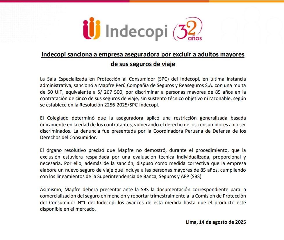 Mapfre deberá diseñar un nuevo producto que incluya a este grupo etario. (Comunicado Indecopi)