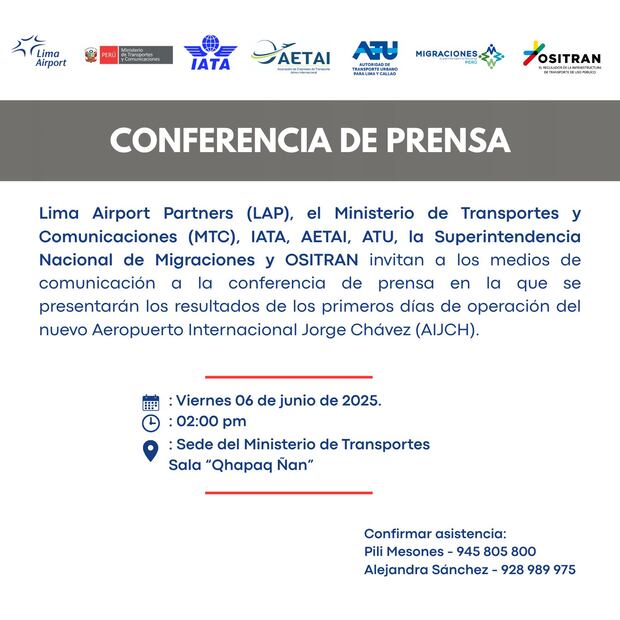 LAP anunció una conferencia de prensa para presentar resultados de los primeros días de operación del nuevo aeropuerto.