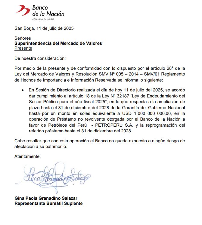 Hecho de importancia del Banco de la Nación sobre créditos y garantías a Petro-Perú.
