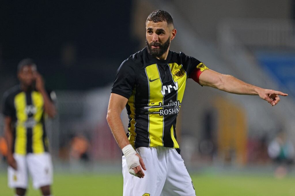 Ittihad's French forward #09 Karim Benzema reacts during the Saudi Pro League football match between Al-Ittihad and Al-Riyadh at the Prince Faisal Bin Fahd stadium in Riyadh on August 24, 2023. (Photo by Fayez NURELDINE / AFP)