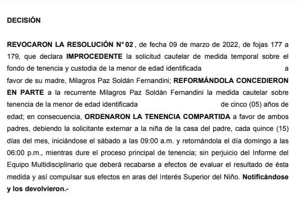 Milagros contó que la Corte de Lima Este resolvió que deberá recoger a la niña de la casa del padre cada 15 días para estar con ella de sábado para domingo.