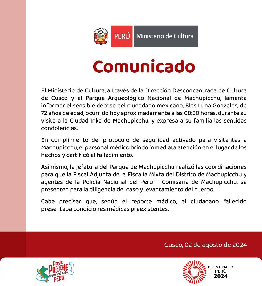 Comunicado del Ministerio de Cultura. Foto: Mincul