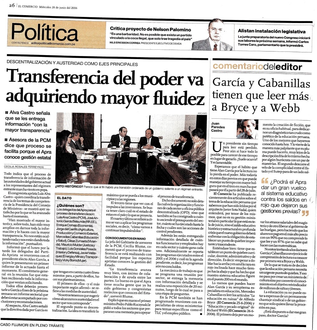 El proceso de transferencia entre los gobiernos de Alejandro Toledo y Alan García avanzó durante junio de 2006 con el trabajo de las comisiones sectoriales. (Foto: Archivo Histórico El Comercio)