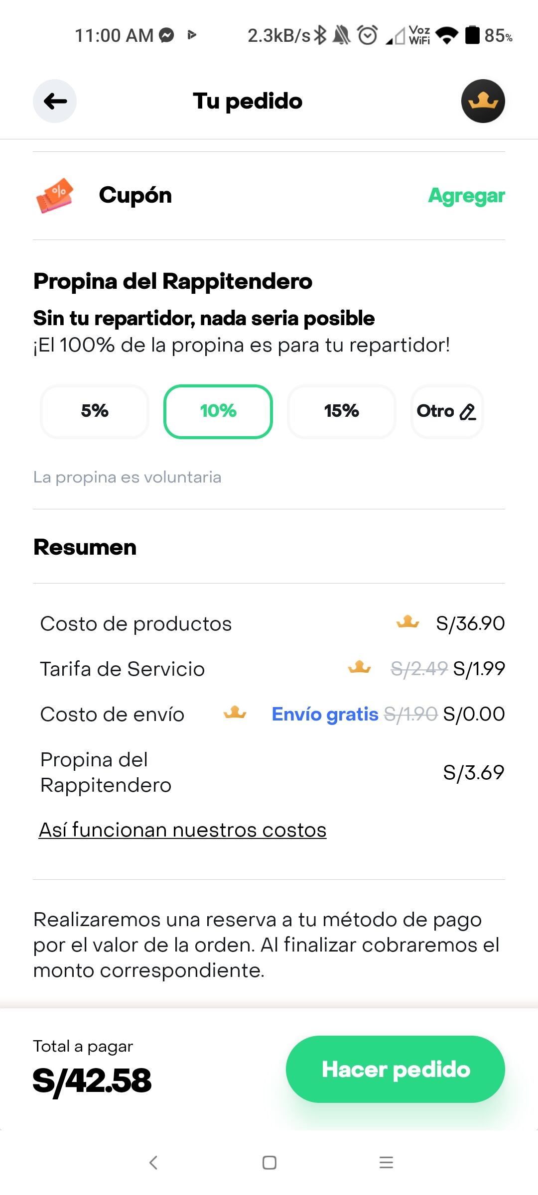 Hoy corroboramos que aún no se han efectuado las medidas correctivas por parte de Rappi. La propina predeterminada aparece con un 10% de la compra por 'default'. (Captura de pantalla 11 am, 11/8/23)