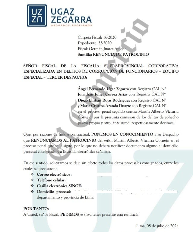 Documento donde el estudio Ugaz Zegarra comunica su renuncia al patrocinio de Martín Vizcarra.