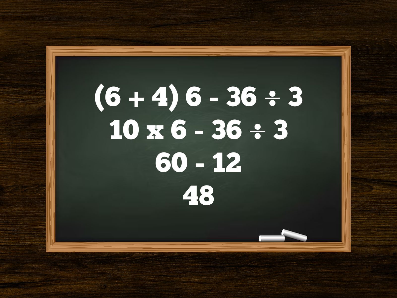 Siguiendo la regla PEMDAS, se obtiene como 48 como respuesta final de este ejercicio matemático. (Creación: Mag)