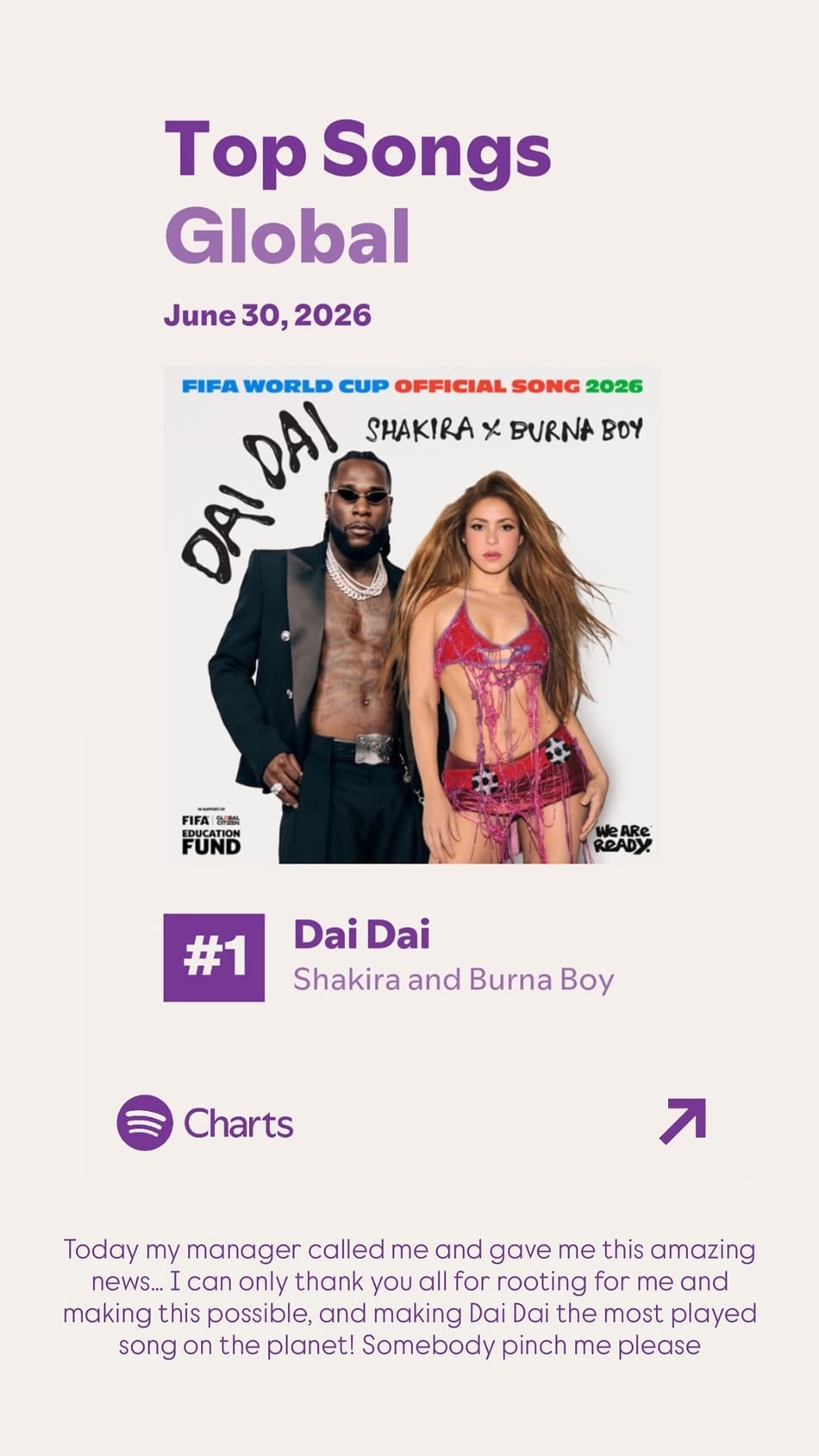 Shakira celebra el éxito de “Dai Dai” tras alcanzar el número 1 global en Spotify. (Foto: Instagram / @shakira)