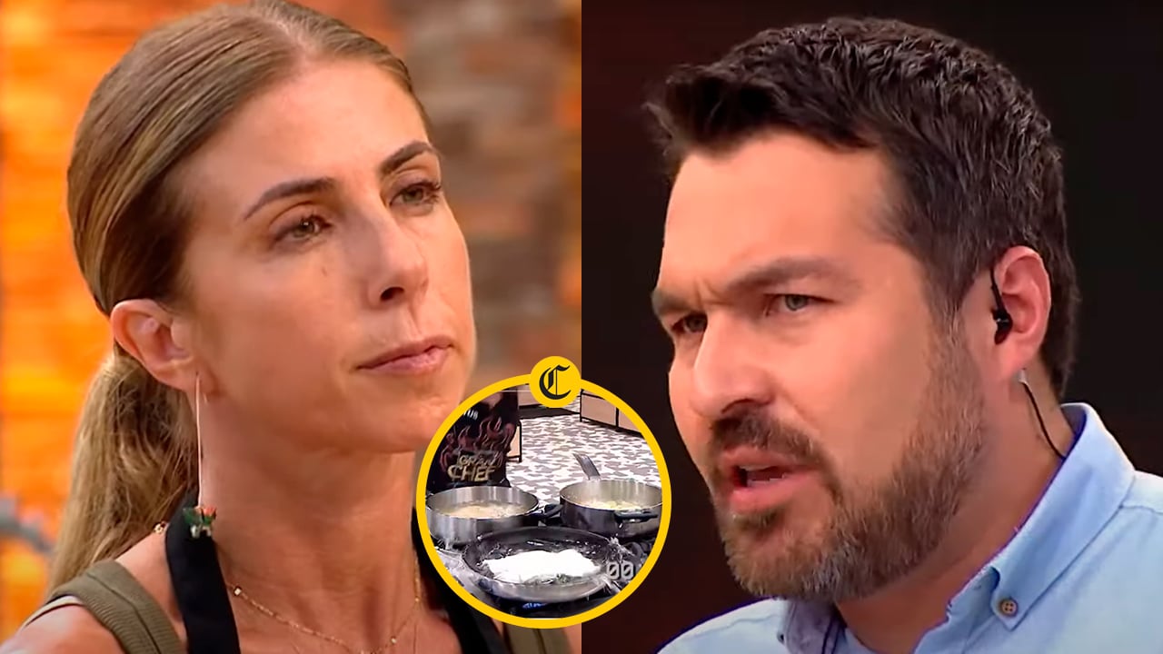 Giacomo Bocchio reprende a Fiorella Cayo por salpicar aceite caliente cerca a camarógrafos de “El gran chef” | Foto: EGCF - YouTube / Composición EC