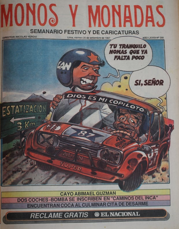 El semanario "Monos y monadas" en una de sus ediciones de 1987. En la imagen, versiones caricaturizadas de Alan García y Jorge del Castillo en un momento crítico para el Perú: la estatización de la banca.